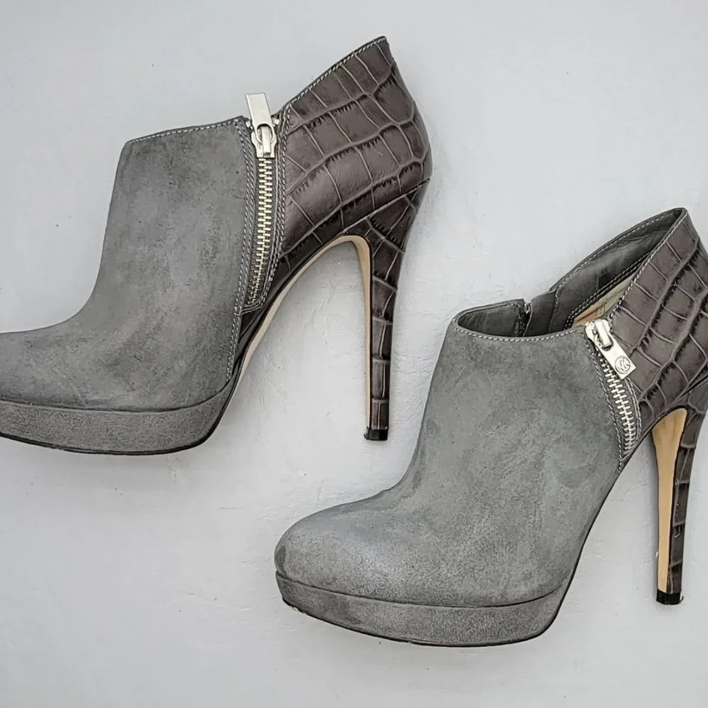 Michael Kors York Python‑Embossed Slate Leather Ankle Booties w/ Zip Sz 9M